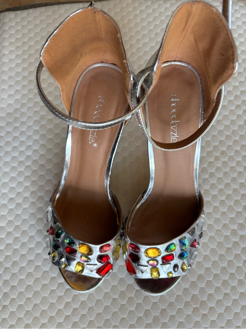 Shoe Dazzle Silver Open-Toe Ankle-Strap Heels with Multicolored Gems